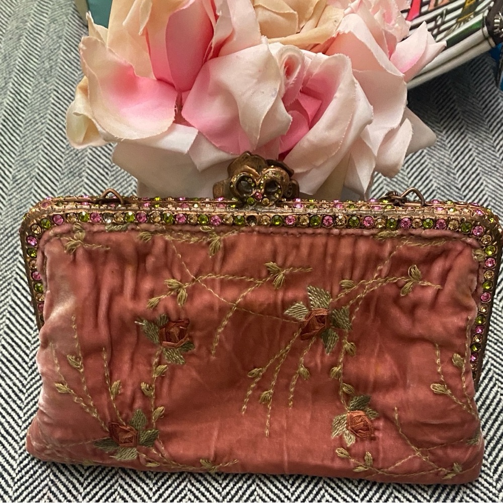 Pre❤️Clara Kasavina Vintage Pink Velvet Swarovski Crystal Rose Evening Clutch - Picture 3 of 10